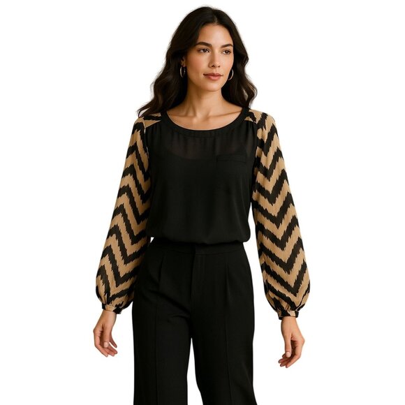 AB Studio Sheer Chevron Blouse Black Beige Long Sleeve Lightweight Bohemian Chic - Picture 2 of 13